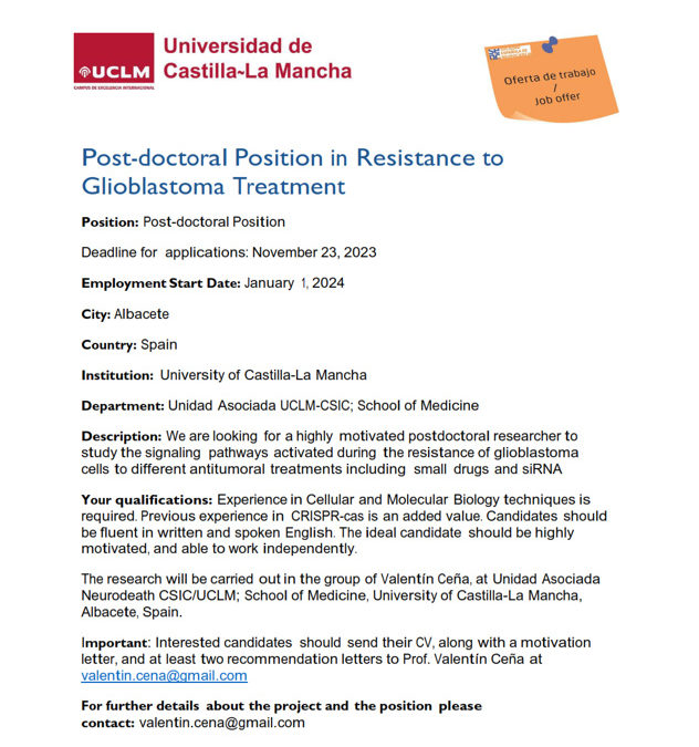 Postdoctoral position at CSIC/UCLM Associated Unit in Albacete